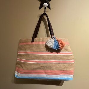 NWOT SALLY BEAUTY Utility Jute Tote Bag KHAKI MULTI Orange Blue Stripe Charm